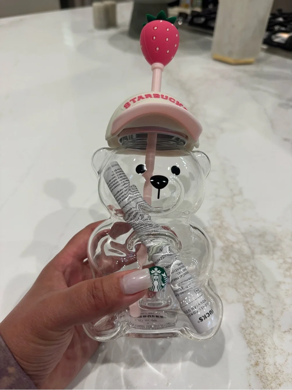 Starbucks Clear Bear Tumbler with Pink Lid and Strawberry Topper